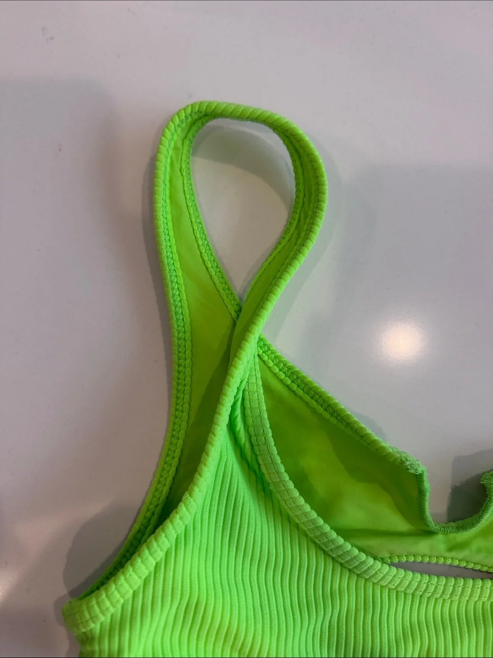 Frankie’s Bikinis Neon Green Ribbed Cole V-Notch Cutout Top - Women